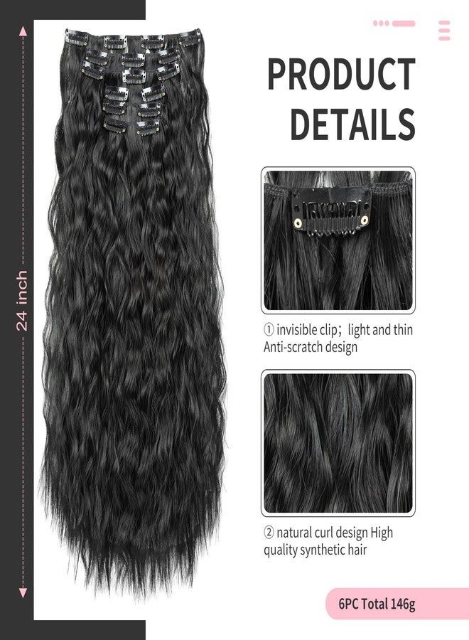 FLUFYMOOZ Clip In Hair Extensions,6PCS Hair Extensions Long Mermaid Waves Wavy Synthetic Clip On Hairpiece For Women 24 Inch (Natural Black) - Image 2